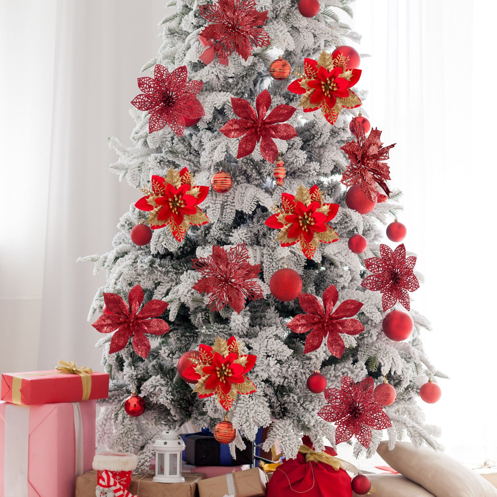 24 Pieces Christmas Glitter Artificial Poinsettia Flowers Decorations 4 Christmas Tree Flowers Ornaments with Clips