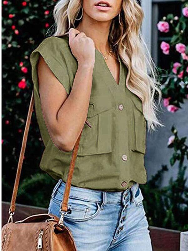 Women Solid Stand Collar Short Sleeve Blouse - CHALIER