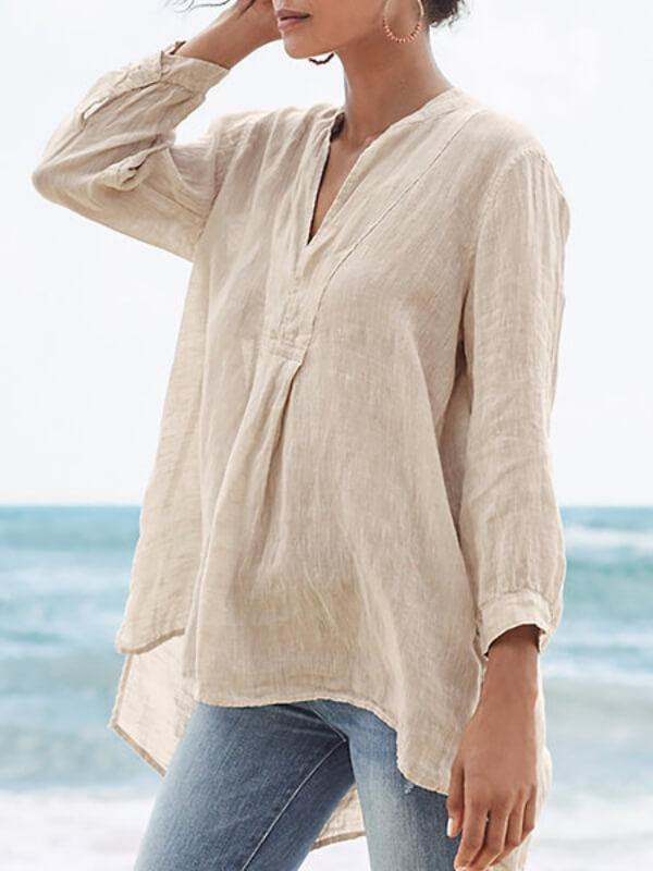 Ladies Thin Cotton And Linen 9-Point Sleeve Shirt - CHALIER