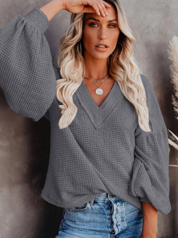 Women's Loose V Neck Knitted Lantern Sleeve Top - CHALIER