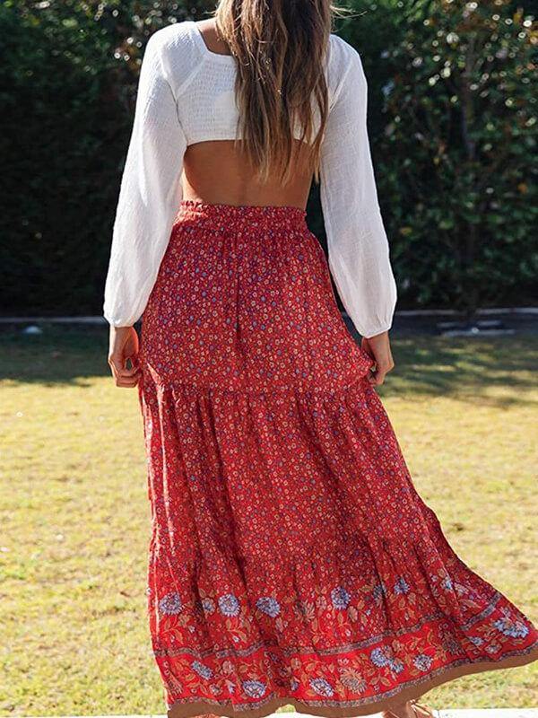 Women Elastic Waist Bohemian Floral Printed  A Line Maxi Skirt - CHALIER