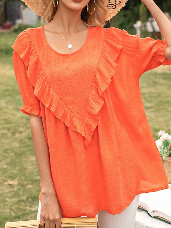 Women Ruffle Crew Neck Short Sleeve T-Shirt