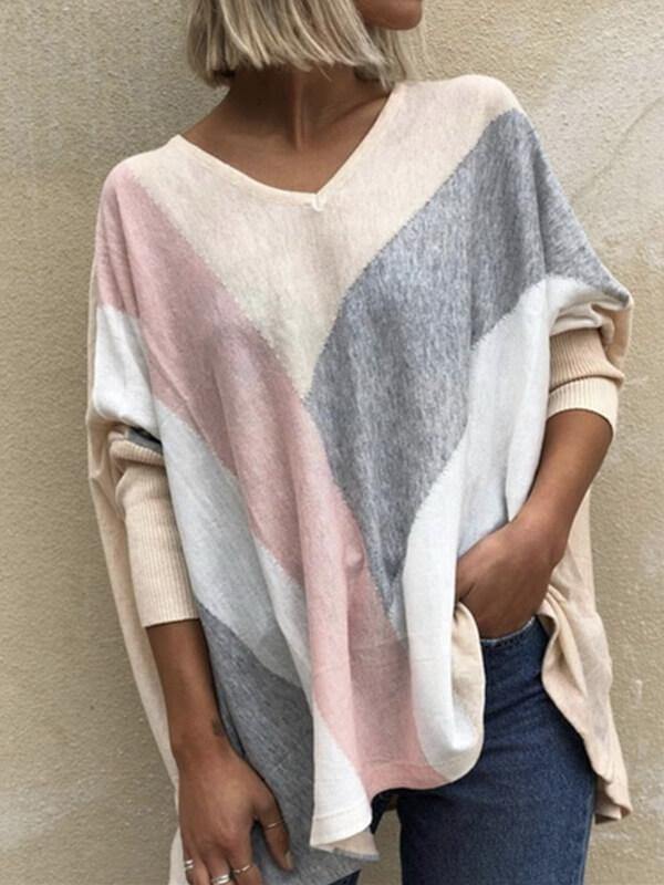 V Neck Oversize Stitch Long Sleeve Casual T-Shirt&Top - CHALIER