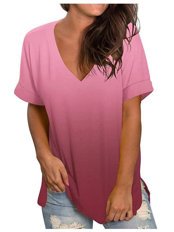 Women Tie Dye Gradient V Neck Short Sleeve T-Shirt - CHALIER