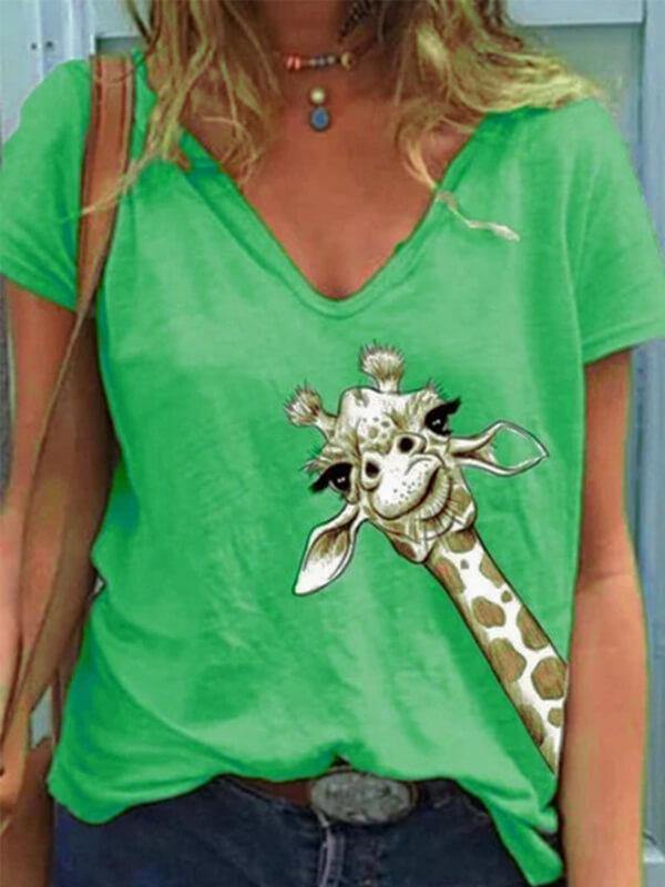 Women Cotton V Neck Giraffe Print Shirt Tee - CHALIER