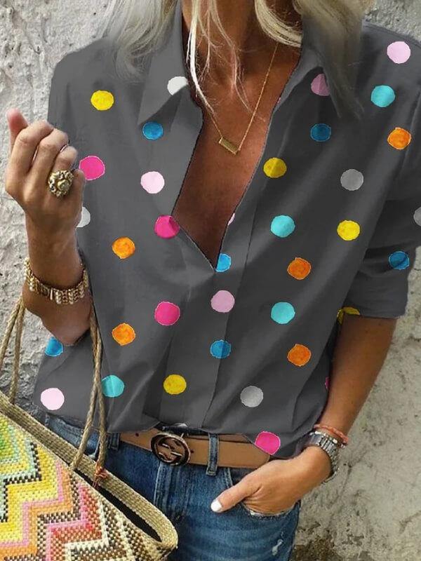 Ladies Long Sleeve Polka Dots Floral-Print Casual Blouse - CHALIER