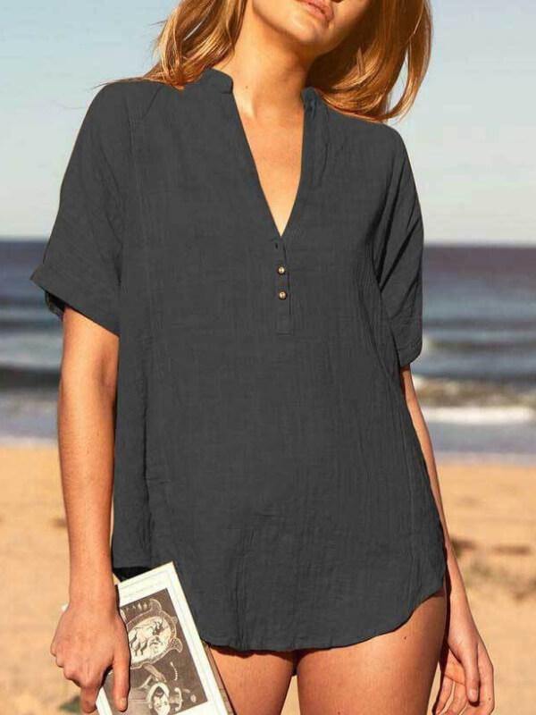 Ladies Plus Size Casual V Neck Short Sleeve Solid Top - CHALIER