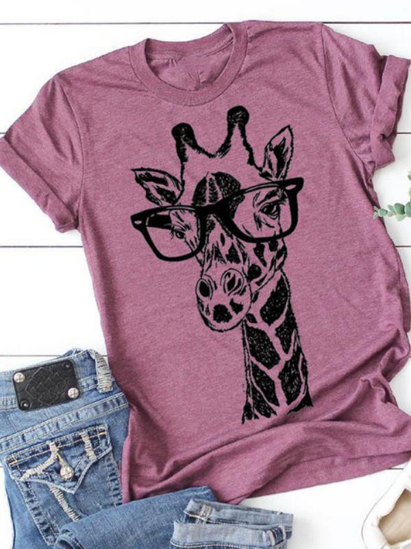 Giraffe Printed Casual Short Sleeve Top Summer Basic Tee - CHALIER