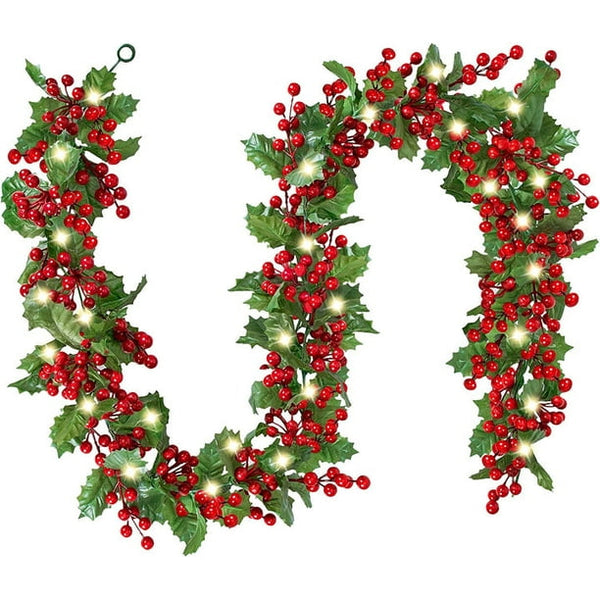 5.9 FT Red Berry Christmas Garland with Lights, Artificial Garland Christmas Decorations with 20 Warm LED Lights Green Leaves for Holiday Mantle Fireplace Stairs Table Door Indoor Outdoor