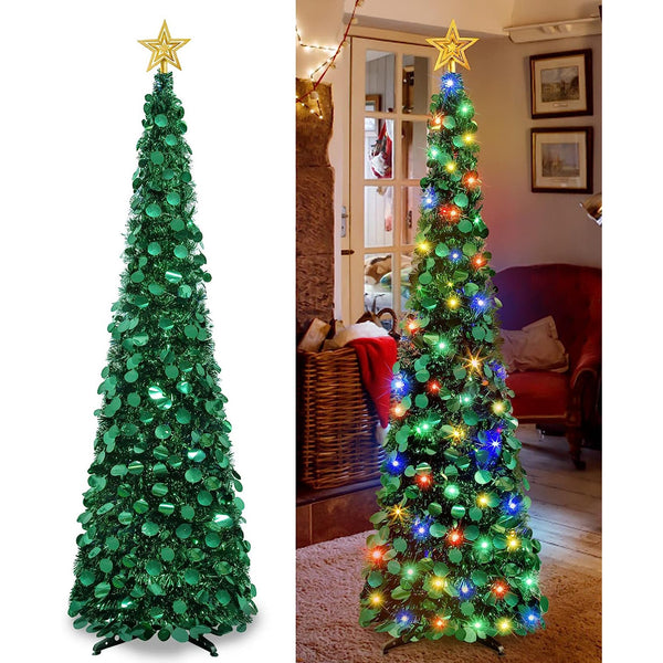 5 ft Pop Up Christmas Tinsel Tree with Reflective Colorful Sequins Artificial Xmas Slim Tree Collapsible Pencil Tree Pop up Tree with String Light for Home