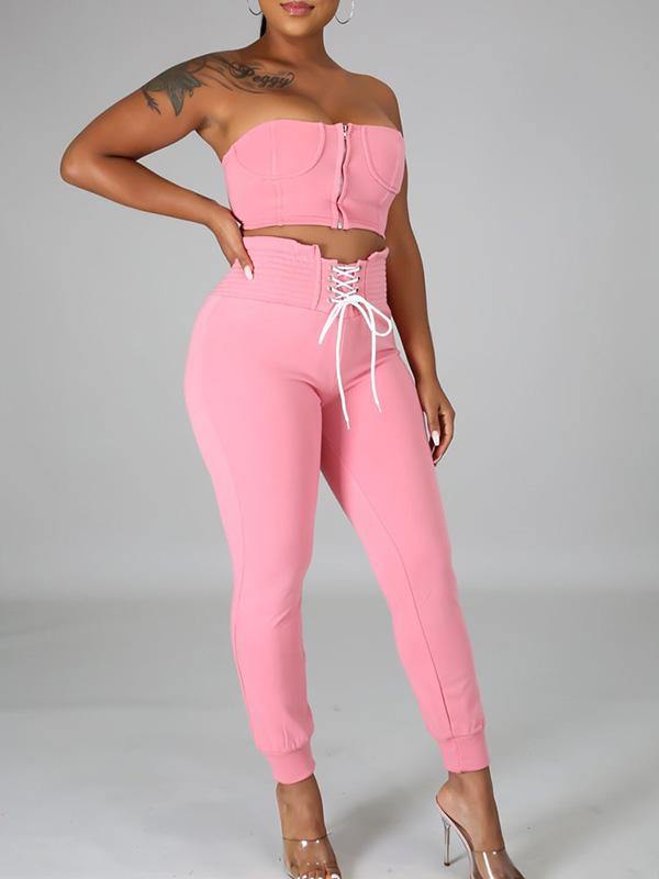 Women's Casual Sexy Strapless Tops and Pants Outfit Two Piece Set - CHALIER