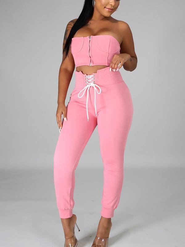 Women's Casual Sexy Strapless Tops and Pants Outfit Two Piece Set - CHALIER