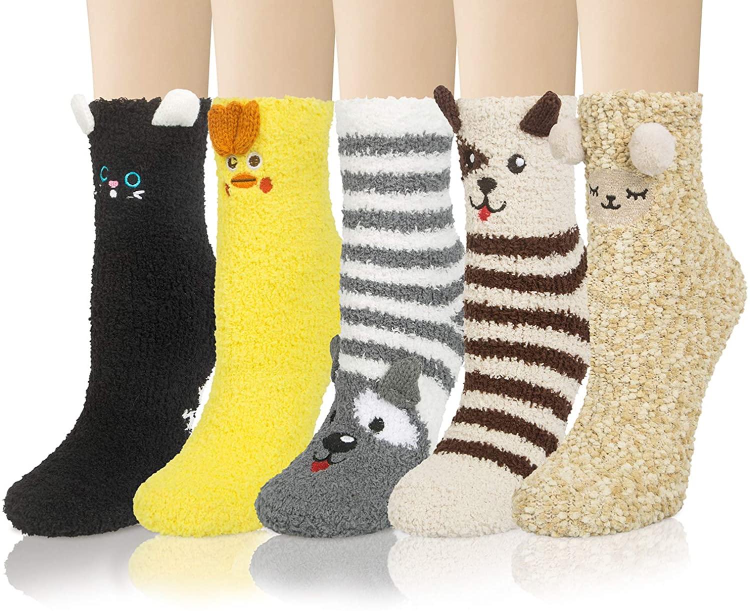 Womens Winter Soft Slipper Cozy Fluffy Socks Fuzzy Cute Animals Socks Gifts 5 Pairs Yellow - CHALIER