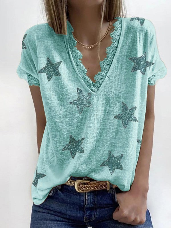 Women Lace Star Printed V Neck Short Sleeve T-Shirt