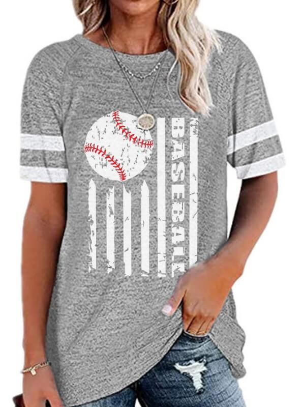Women Striped Baseball Printed Short Sleeve T-Shirt