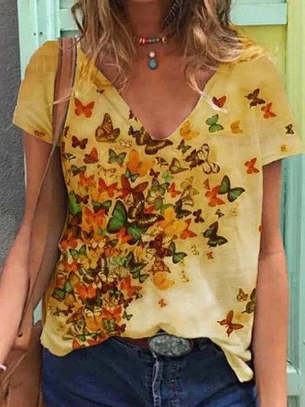 Women Butterfly Printed Short Sleeve V Neck Shirts & Tops - CHALIER