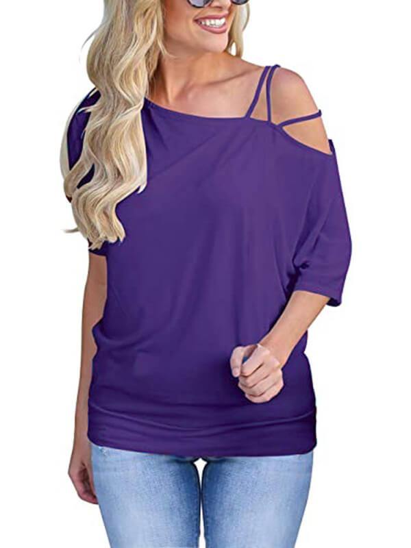 Women Solid Cold Shoulder Half SleeveCasual T-Shirt - CHALIER