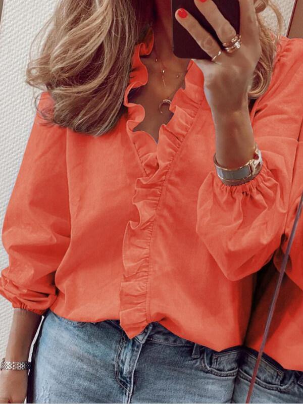 Ladies Cotton Long-Sleeve Ruffle Blouse - CHALIER