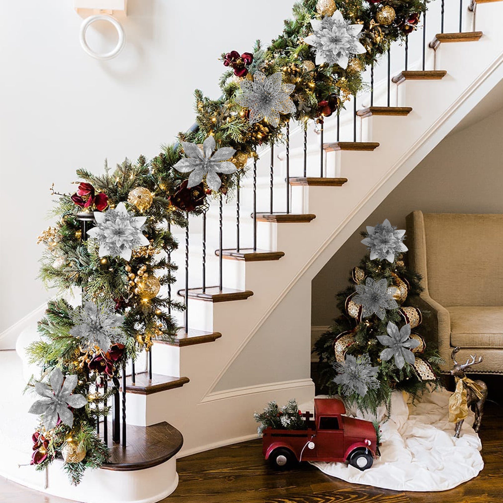 24 Pieces Christmas Glitter Artificial Poinsettia Flowers Decorations 4 Christmas Tree Flowers Ornaments with Clips