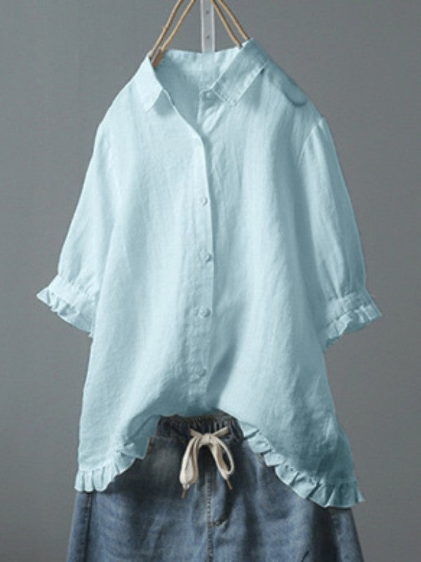 Women Casual Single Breasted Ruffle Blouse