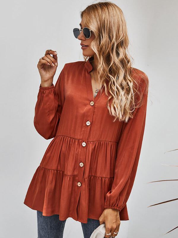 Ladies V Neck Long Sleeve Solide Causal Blouse - CHALIER