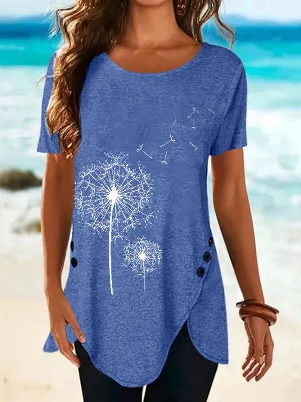 Women's Crew Neck Printed Short Sleeve Cotton-Blend Shirts & Tops - CHALIER