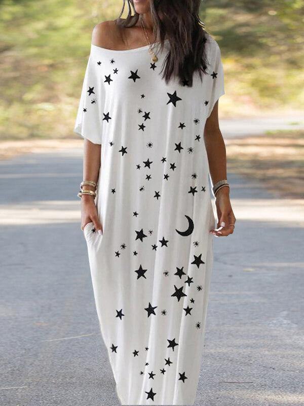 Women's Star Printed Short Sleeve Casual Maxi Dress - CHALIER
