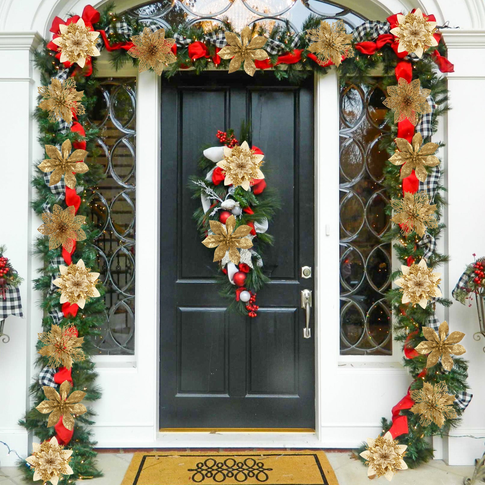 24 Pieces Christmas Glitter Artificial Poinsettia Flowers Decorations 4 Christmas Tree Flowers Ornaments with Clips