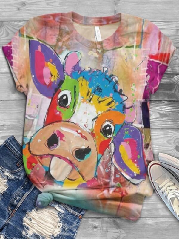 Women Animal Oil Painting Printed Short Sleeve T-Shirt