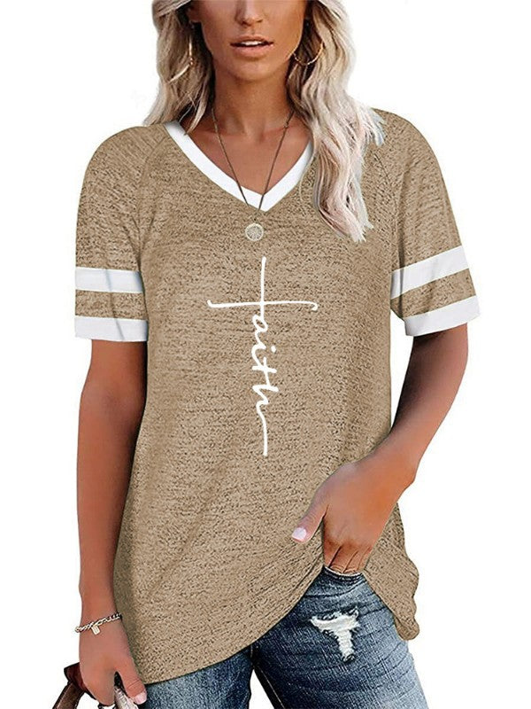 Women Letter Printed V Neck Short Sleeve T-Shirt