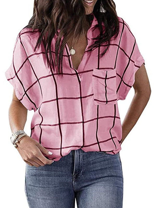 Women Plaid Printed V Neck Short Sleeve Blouse