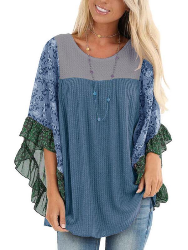 Batwing Sleeve Print Color Block Top - CHALIER