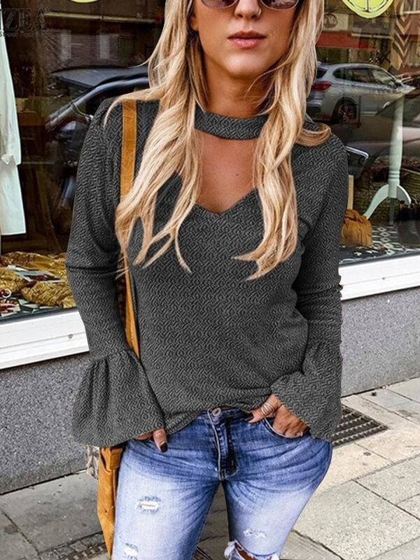 Womens Printed Bell Sleeve V Neck T-Shirt&Top - CHALIER