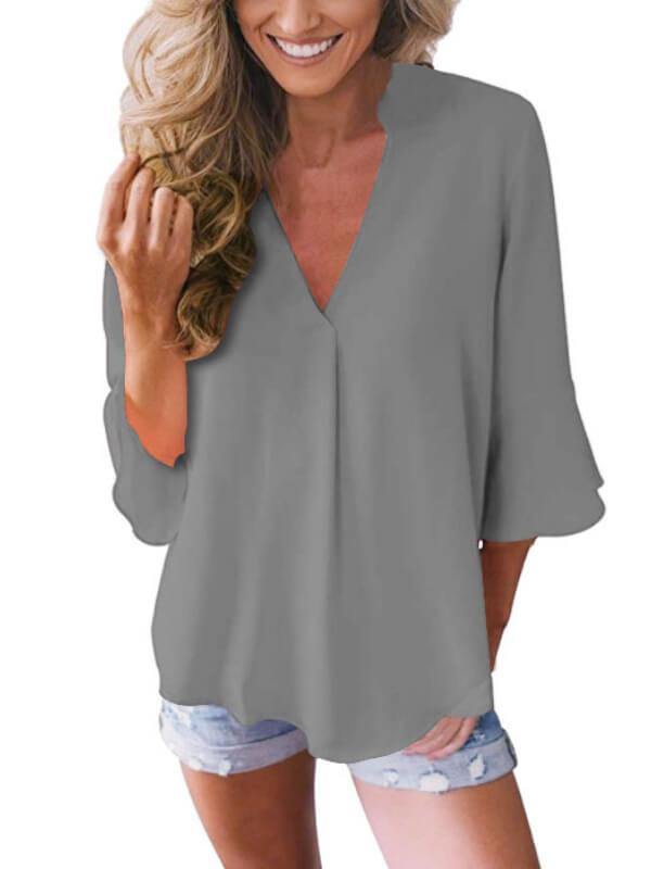 Women 3/4 Sleeve Solid Blouse V Neck Top - CHALIER