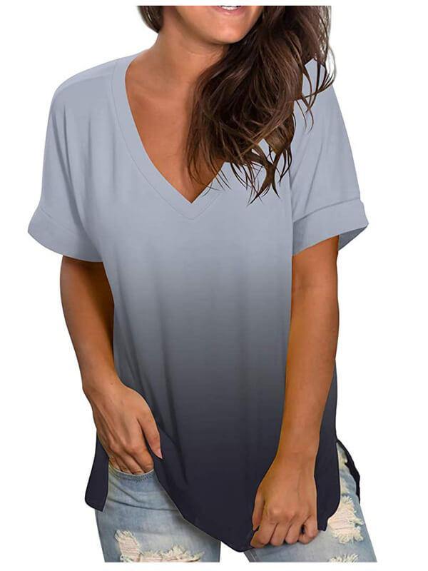 Women Tie Dye Gradient V Neck Short Sleeve T-Shirt - CHALIER