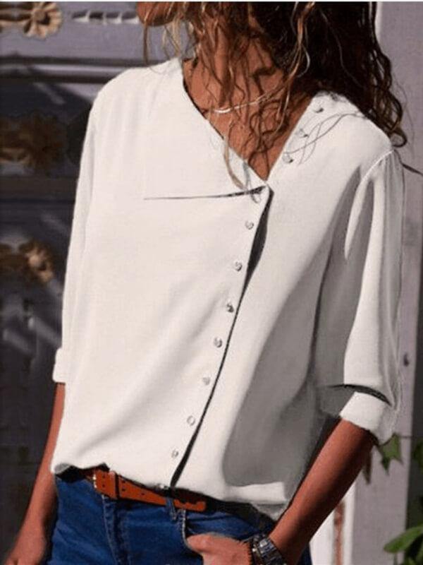 Women Long Sleeve Casual Solid Buttoned Blouse - CHALIER