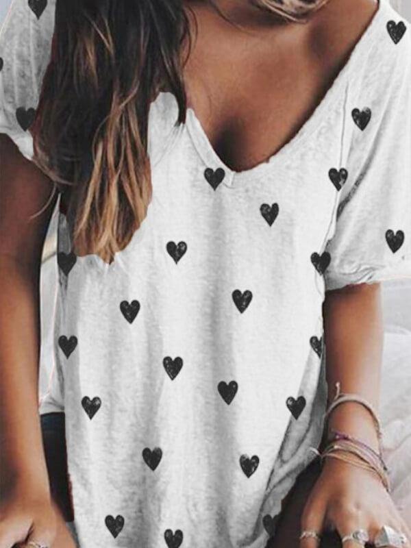 Women Casual V Neck Cotton-Blend Printed T-Shirt - CHALIER