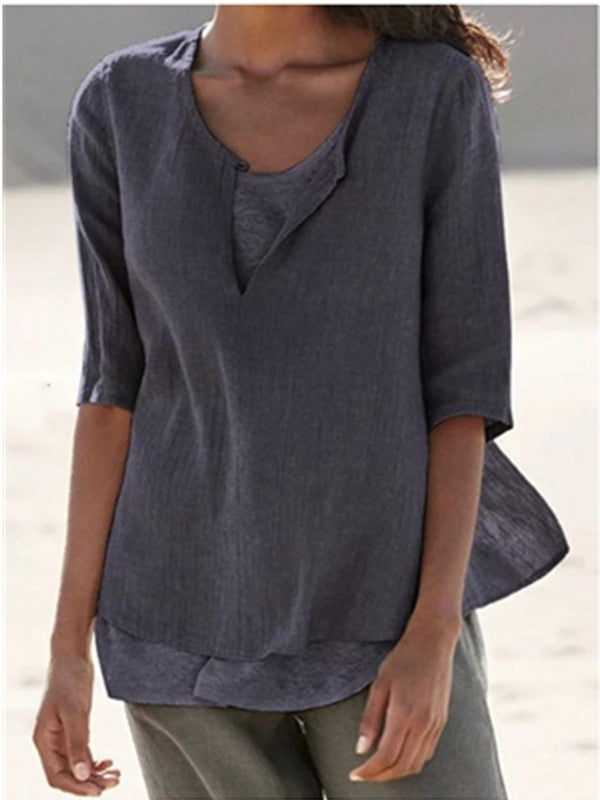 Women V Neck Cotton Linen Solid Casual Blouse