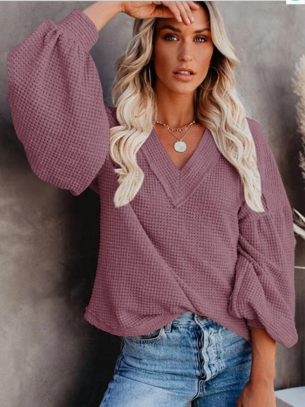 Women's Loose V Neck Knitted Lantern Sleeve Top - CHALIER