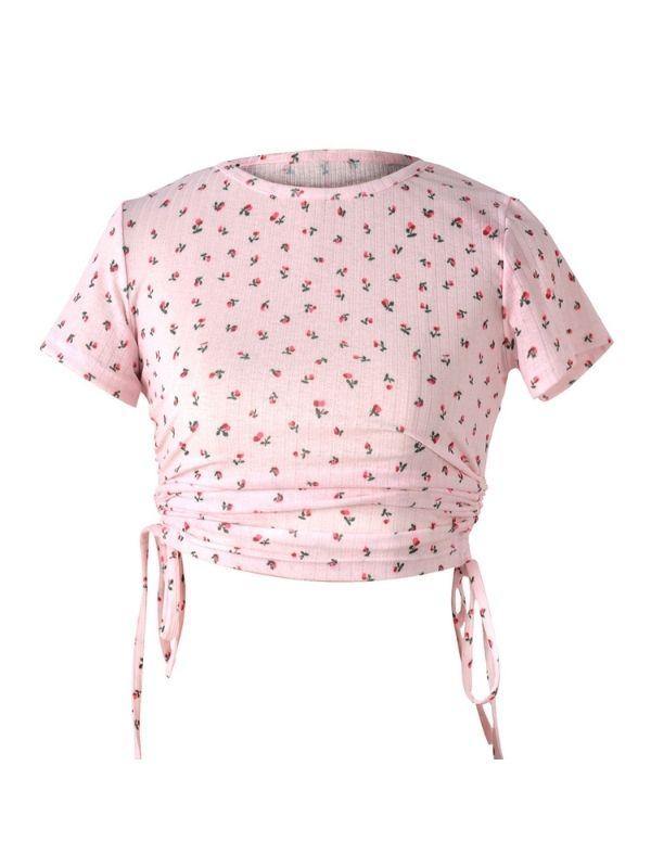 Women's Short-Sleeve T-shirt Drawstring Crop Top - CHALIER