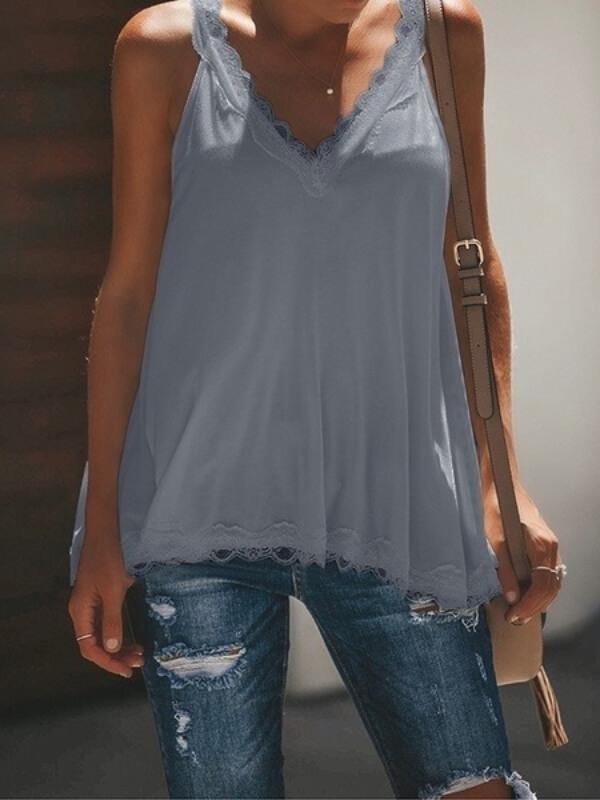 Women's V Neck Paneled Spaghetti Stap Solid Lace Crochet Cami Top - CHALIER
