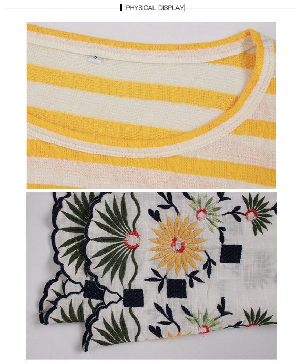 Women's Fashion Top Casual Striated Embroidered Shirt