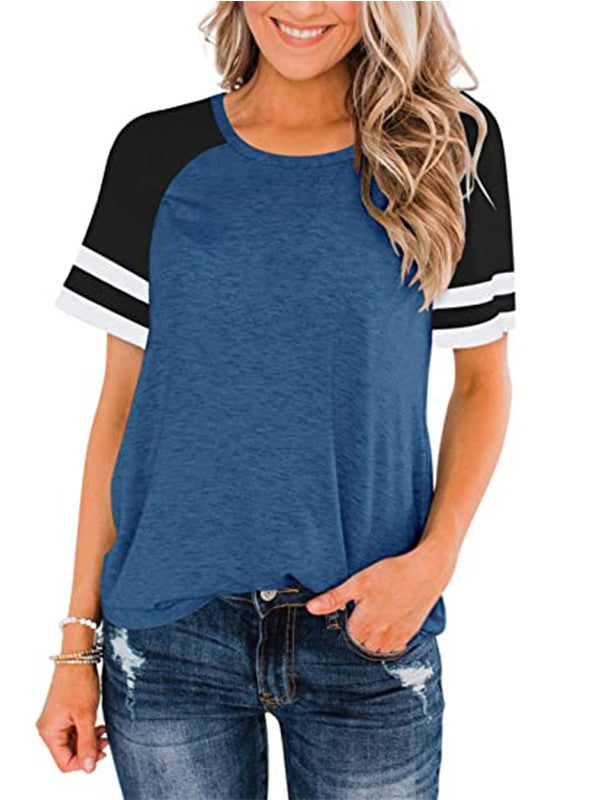 Women Stitch Striped Crew Neck Loose T-Shirt