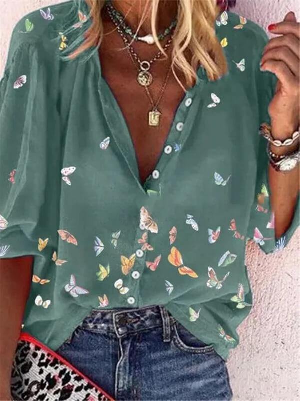 Women Colorful Butterfly Print Chiffon Long Sleeve Shirt - CHALIER