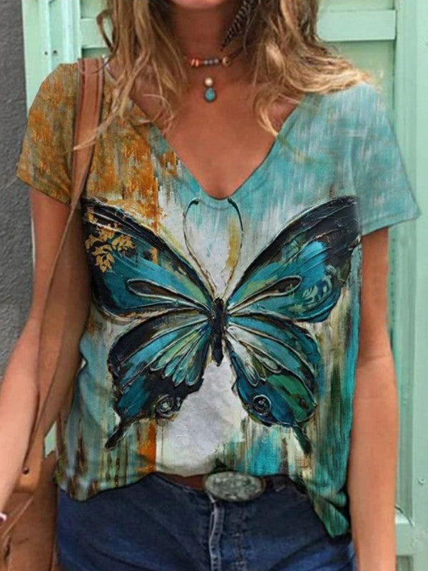 Women Butterfly Printed V Neck Short Sleeve T-Shirt