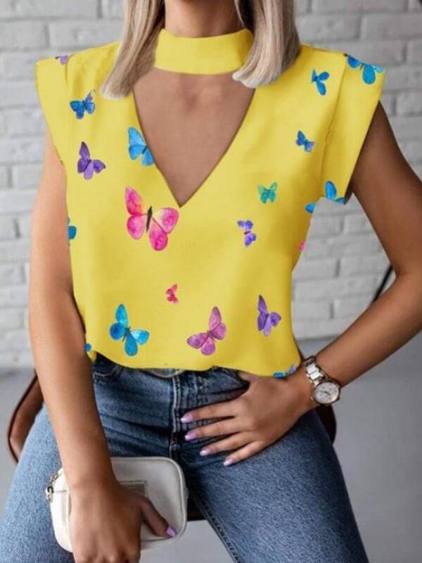 Ladies Butterfly Printed V Neck Sleeveless T-Shirt - CHALIER