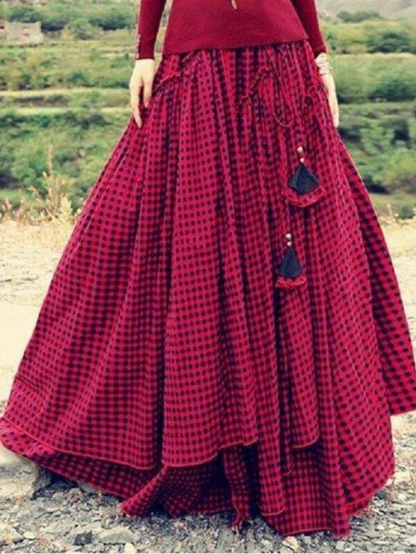 Chailer Casual Skirt Horizontal Stripes Slimming Gingham Skirts - CHALIER