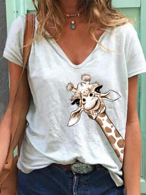 Women Cotton V Neck Giraffe Print Shirt Tee - CHALIER