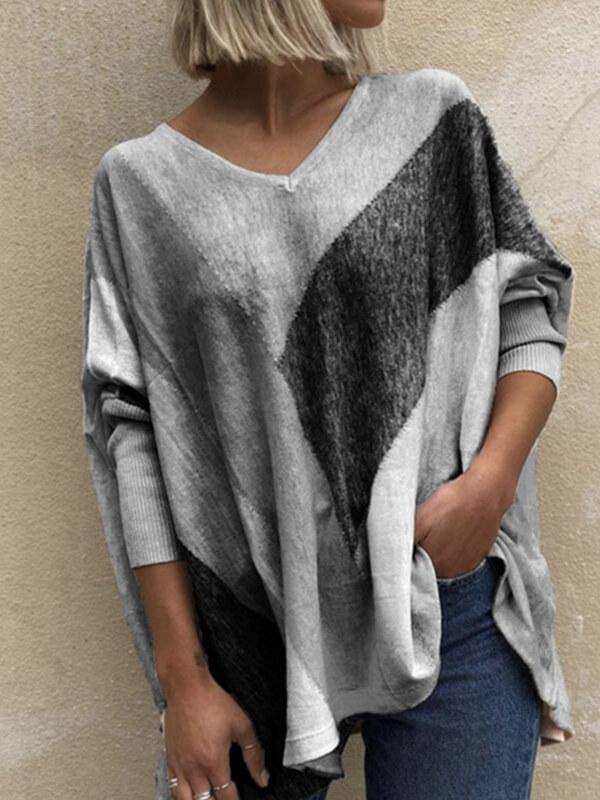 V Neck Oversize Stitch Long Sleeve Casual T-Shirt&Top - CHALIER