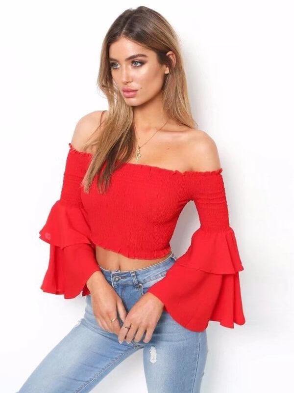 Ladies Off The Shoulder Bell Sleeve Solid Top - CHALIER